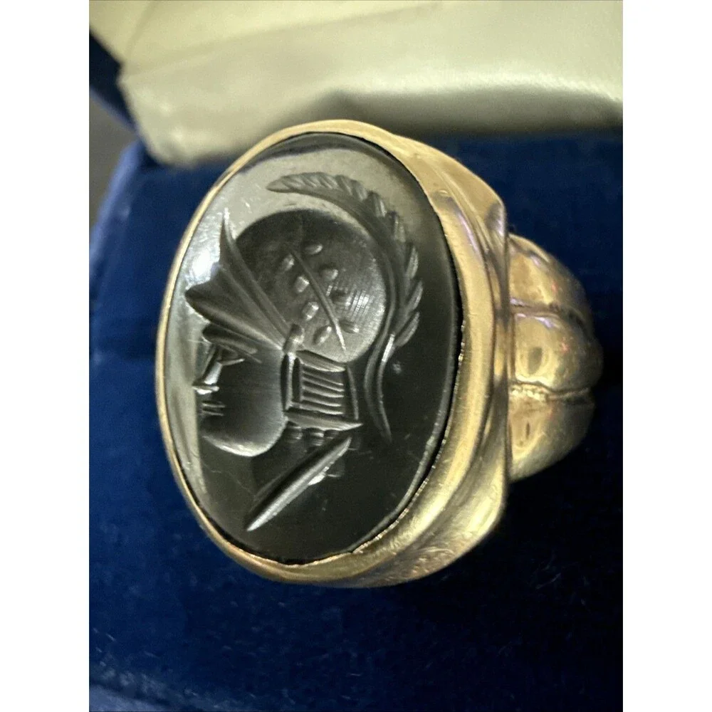 VTG 10K Yellow Gold Ostby & Barton Intaglio Signet Hematite Ring 10.61g Sz 12